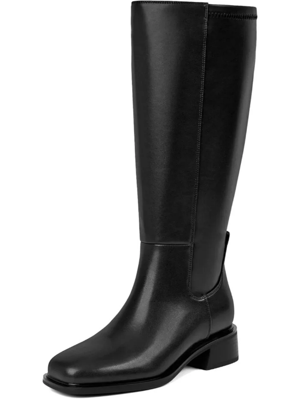 Women's Black Wide Calf Faux Leather Square Toe Knee High With Side Zipper Boot